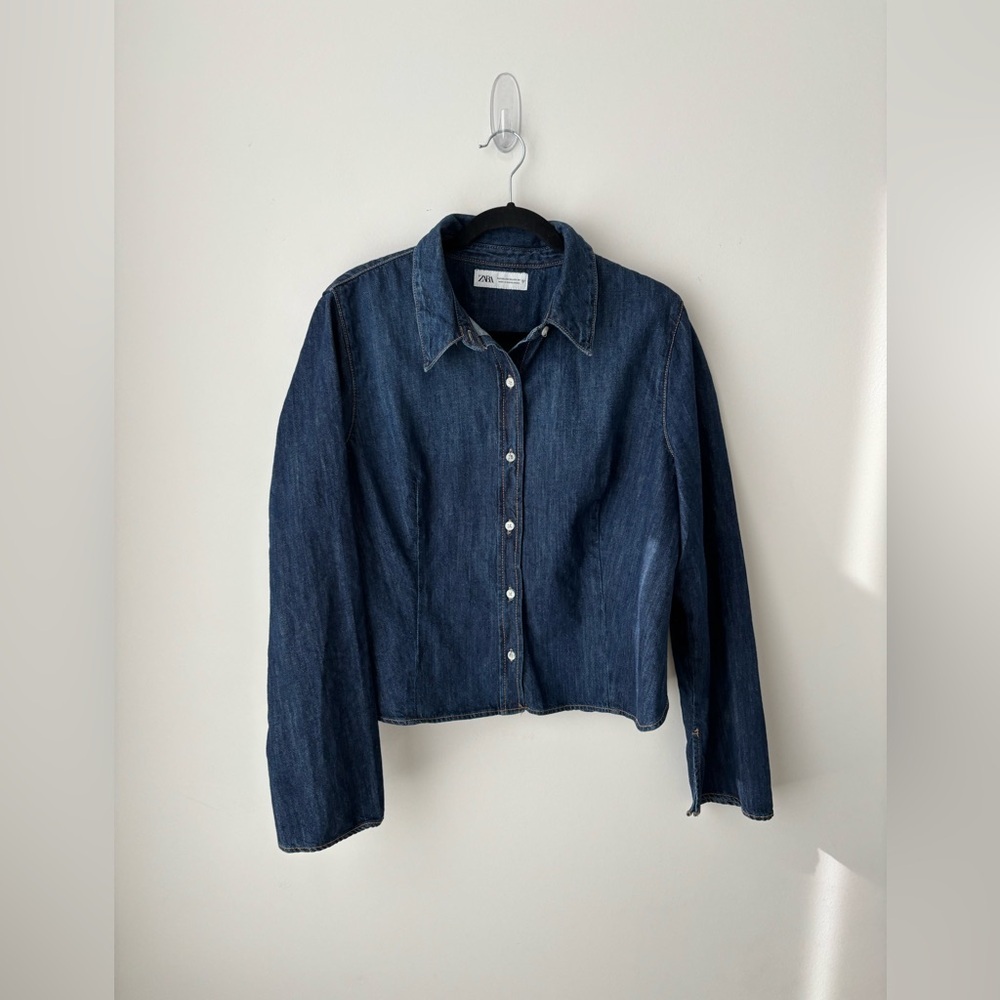 Zara Cropped Denim Button-Up Shirt Dark Wash Cotton Denim Top XXL